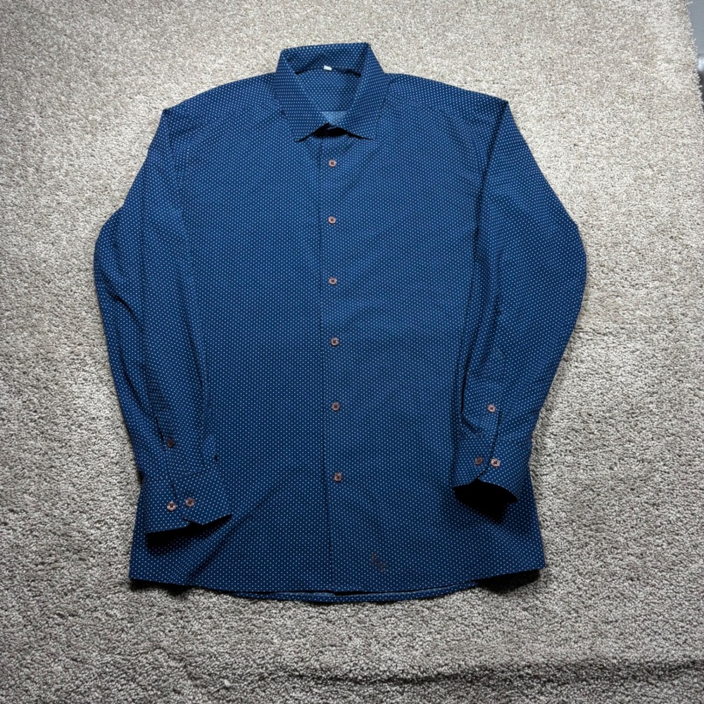 State and Liberty Mens‎ XL Navy Blue Dot Athletic Button Up Performance Shirt